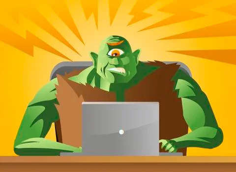 Angry troll using a computer in the office Stock Illustration