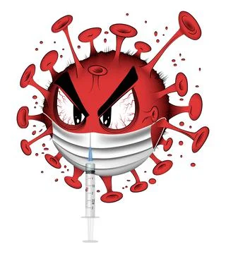 Angry virus in the face mask that is looking on the syringe with vaccine. EPS10. Stock Illustration
