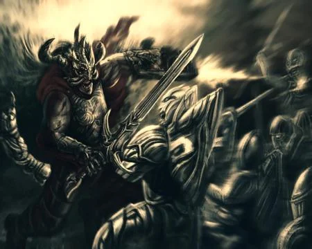 Angry warrior of light with blaster and sword against icy demons Stock Illustration