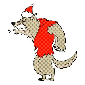 Angry werewolf comic book style illustration of a wearing santa hat Stock Illustration