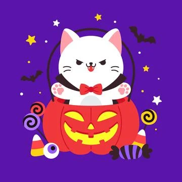Angry White Vampire Cat in Red Pumpkin Bucket With Bats Halloween Stock Illustration