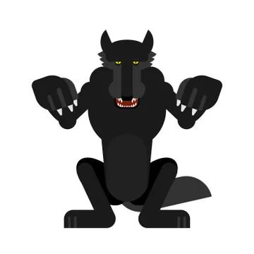 Angry Wolf attack isolated. Werewolf Predator beast Standing on hind legs. wi Stock Illustration