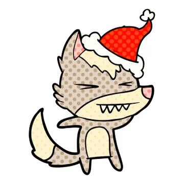 Angry wolf comic book style illustration of a wearing santa hat Stock Illustration