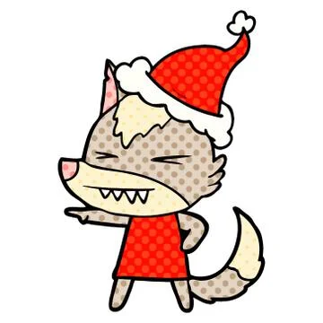 Angry wolf comic book style illustration of a wearing santa hat Stock Illustration