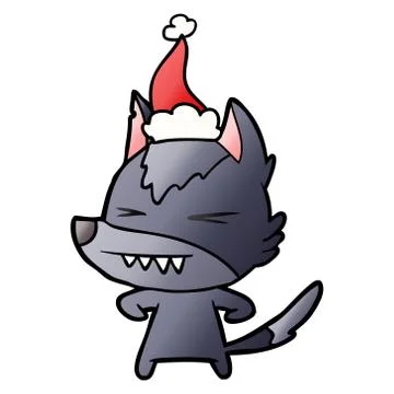 Angry wolf gradient cartoon of a wearing santa hat Stock Illustration
