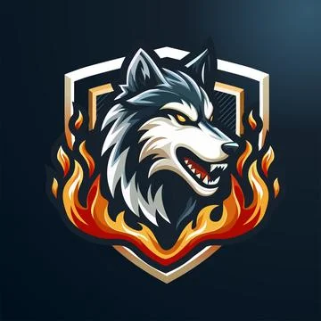 Angry wolf head with fiery shield Stock Illustration