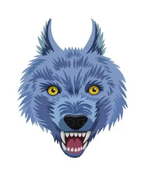 Angry wolf head isolated on white background. Cartoon scary aggressive wolf Stock Illustration