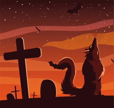 Angry wolf howling in cemetery scene Stock Illustration