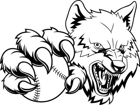 Angry Wolf Mascot With Baseball Ball In Claws Black And White Stock Illustration