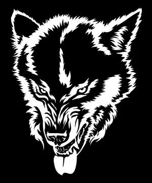 Angry wolf shows teeth, wolf grin, wolf head, black and white drawing for t-s Illustrazione stock
