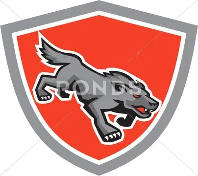 Angry wolf wild dog stalking shield retro Stock Illustration