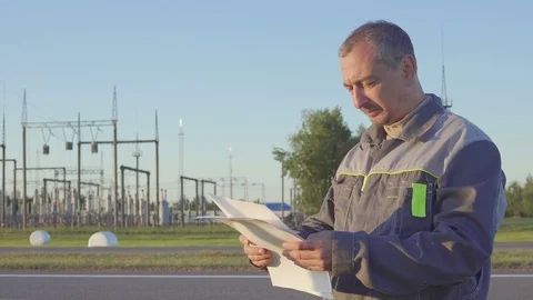 Angry Worker at Electrical Substation. Worker with blueprints and clipboard in Видео 90469681