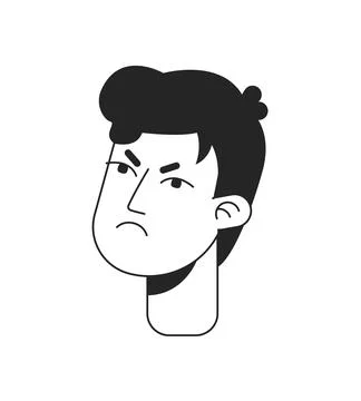 Angry young man with furrowed brows monochrome flat linear character head Stock Illustration
