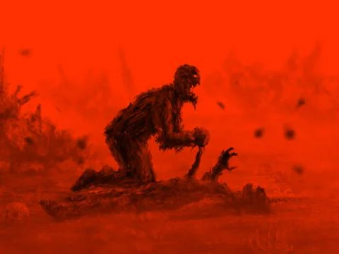 Angry zombie sits and eats its prey. Red color. Stock Illustration