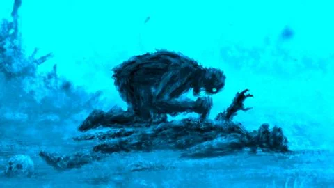Angry zombie sits and eats its prey. Blue color. Stock Illustration