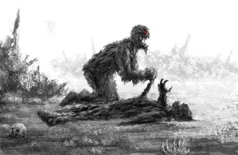 Angry zombie sits and eats its prey. Illustrazione stock