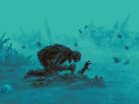 Angry zombie sits and eats. Stock Illustration