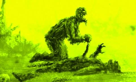 Angry zombie sits and eats its prey. Green color. Stock Illustration