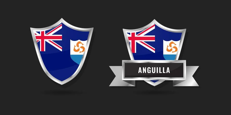 Anguilla Flag Shield Emblem Set, Glossy Silver Chrome Badges with Ribbon, C.. Stock Illustration