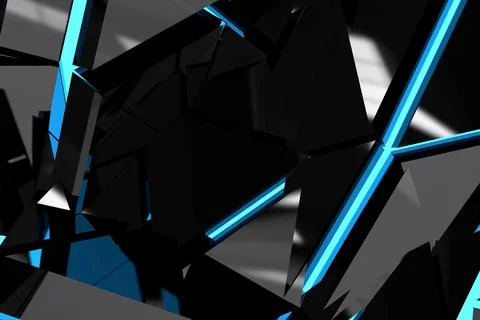 Angular black reflective facets are forming bold abstract 3D space, with neon Stock Illustration