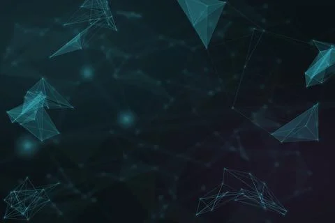 Angular blue polygons and fine network threads float around a dark teal spa.. Stock Illustration