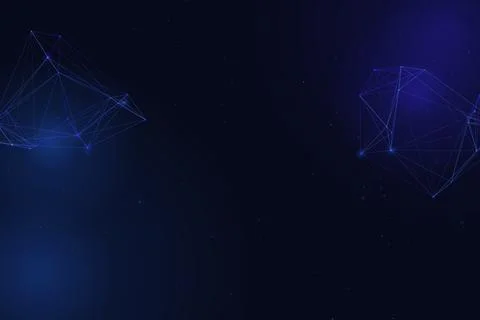 Angular blue wireframe formations glow at opposite edges of a deep navy fie.. Stock Illustration