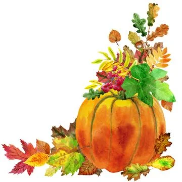 Angular composition of pumpkin and autumn leaves Illustrazione stock