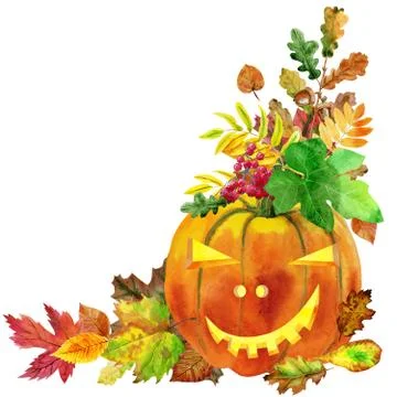 Angular composition of pumpkin and leaves for halloween Illustrazione stock