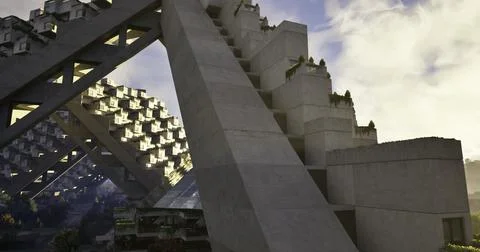 Angular concrete structures creatively blend with nature Ilustración de archivo