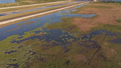 Angular High Altitude Descent Over Marsh Wetland Stock Footage 344868419
