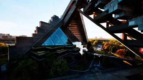 Angular modern design with greenery at sunset Video stock 327864788