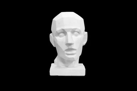 Angular plaster man head isolated on black background Stock Photos