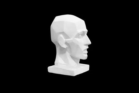 Angular plaster man head isolated on black background. profile view Stock Photos