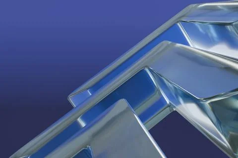 Angular, reflective silver-blue geometric shapes emerge from a deep blue gr.. Stock Illustration