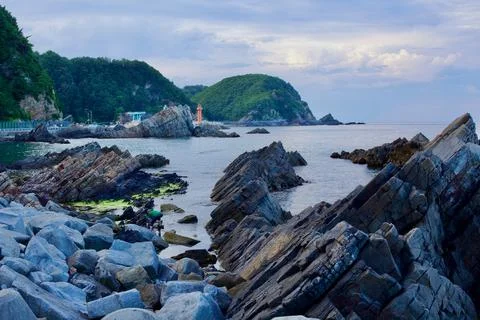 Angular Rocks and Simgok Port View from Heonhwa Road 스톡 사진