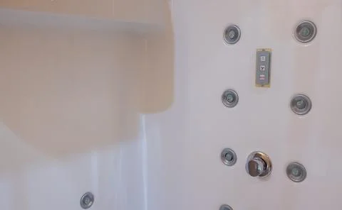 Angular shower enclosure with transparent doors. 写真素材