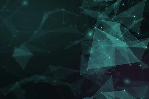 Angular teal formations and glowing connection points occupy the right side.. Stock Illustration