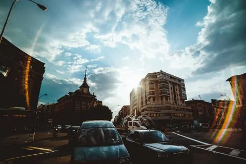 Angular view of traffic in the streets of Pamplona, Spain. Cloudy sky Stock Photos