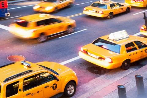 Angular view of yellow cabs on the go  New York City, USA Fotos Stock