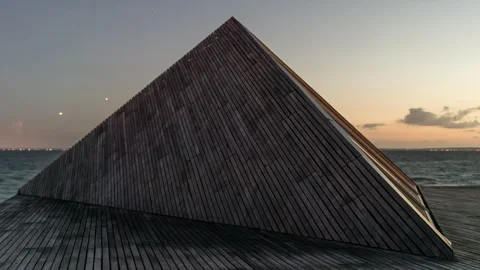 Angular Wooden Seaside Pavilion at Twilight Stock Footage 343607511