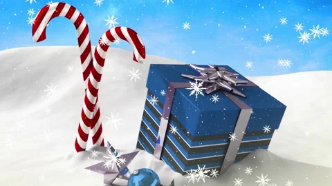 Animaiton of snow falling over christmas candies and present Stock Footage 328647908