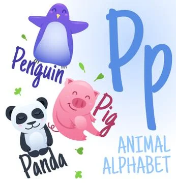 Animal alphabet in vector. P letter. Very cute cartoon animals Penguin, Pig 스톡 일러스트