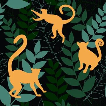 Animal bright seamless pattern. Lemurs and leaves on a black background. Illustrazione stock