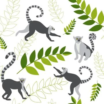 Animal bright seamless pattern. Lemurs and leaves on a white background. Stock Illustration