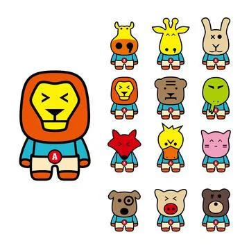 Animal character flat icon set Stock Illustration