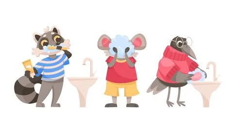 Animal Characters and Hygiene Rules Washing and Grooming Vector Set Stock Illustration