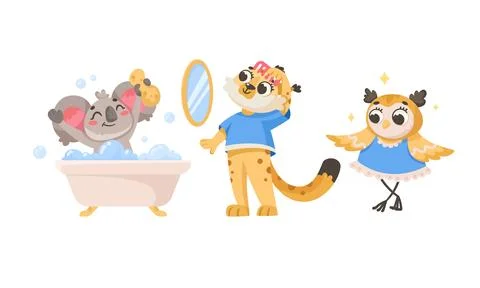 Animal Characters and Hygiene Rules Washing and Grooming Vector Set Stock Illustration