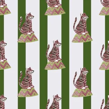Animal circus seamless pattern with training tiger silhouettes. Striped grey  Stockillustratie