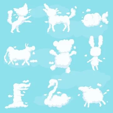 Animal clouds white silhouette set, kid imagination sweet dreams vector Stock Illustration
