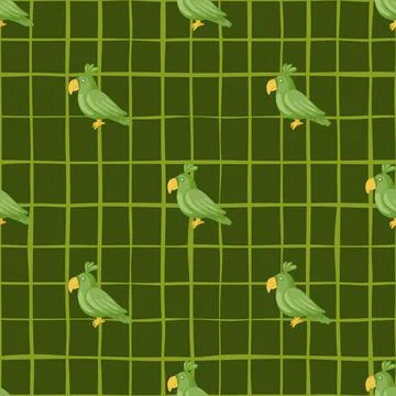Animal decorative seamless pattern with doodle parrot elements. Green chequer Stock Illustration